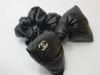 BLACK LEATHER BOW SCRUNCHIES